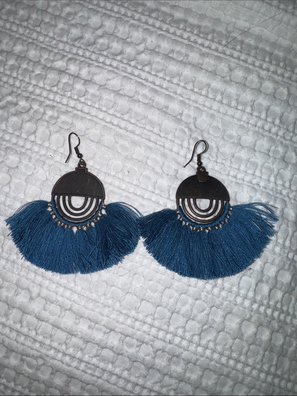 Handmade Navy Blue Fringe Statement Earrings